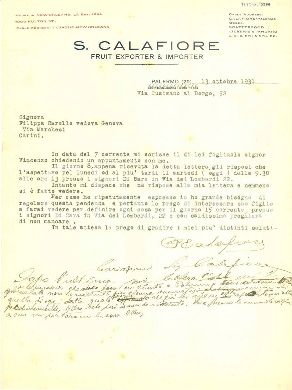 Documento originale, autentico 1931 PALERMO Ditta CALAFIORE Fruit Exporter & Importer Lettera commerciale 1
