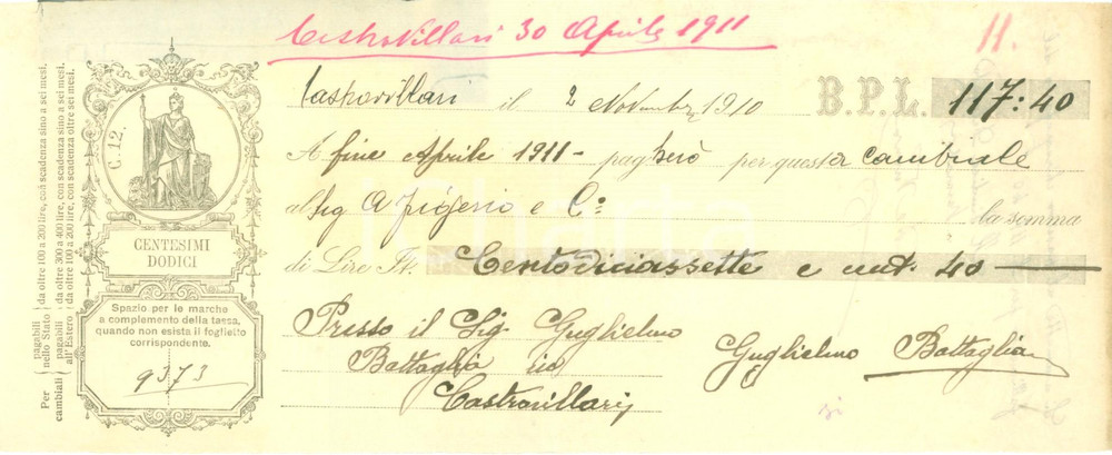 Documento originale, autentico 1910 CASTROVILLARI CS Cambiale di Guglielmo BATTAGLIA Documento 1