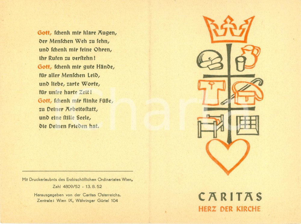 Materiale pubblicitario d’epoca 1952 WIEN AUSTRIA Caritas Herz der Kirche Opuscolo con preghiera ILLUSTRATO 1