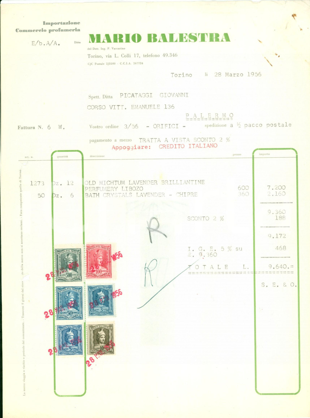 Documento originale, autentico 1956 TORINO Profumeria Mario BALESTRA Importazione Commercio Fattura 1