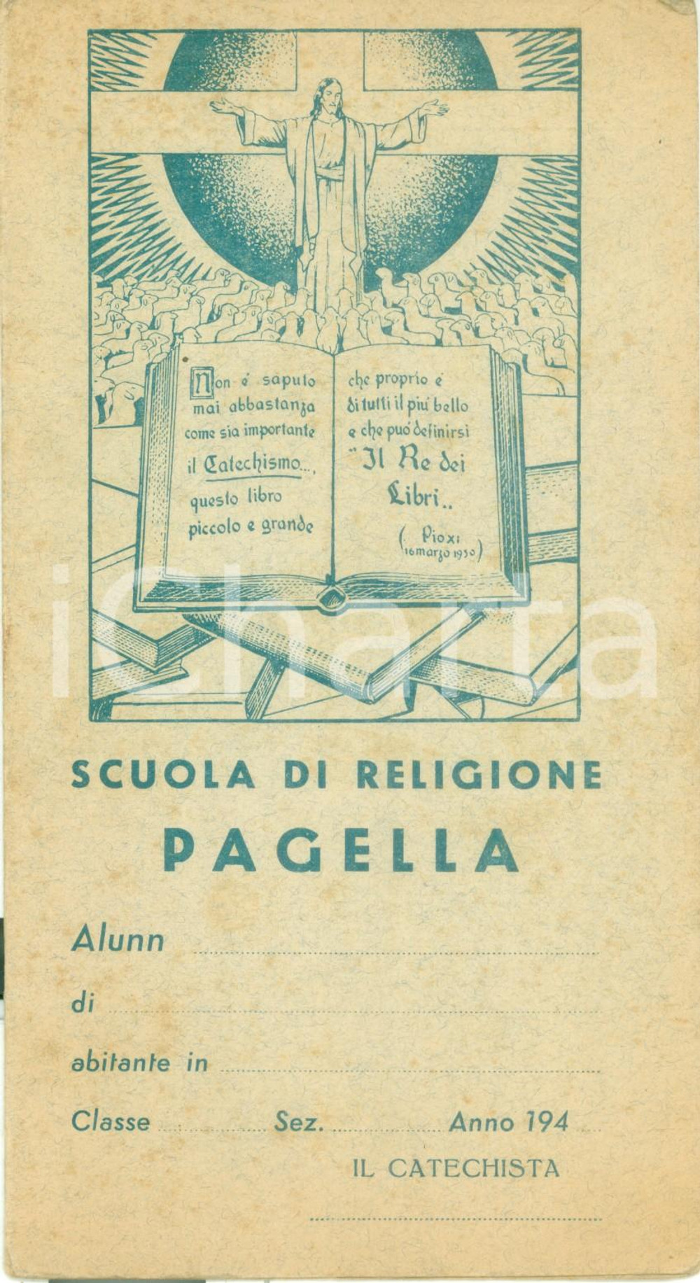 Oggetto da collezione cartaceo 1940 ca TORINO Pagella per il catechista Scuola Religione non compilata 1