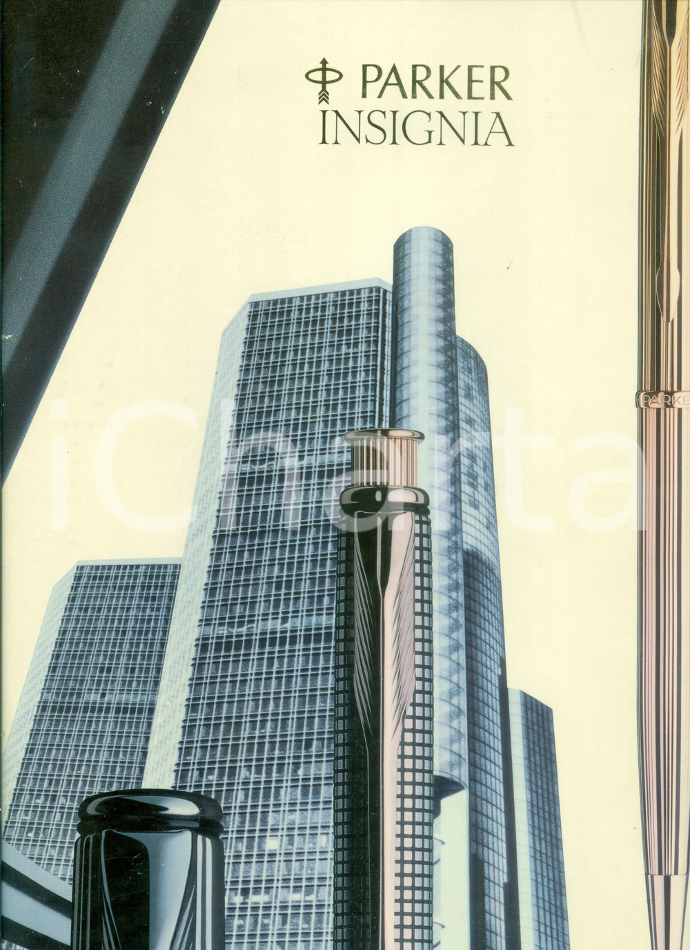 Materiale pubblicitario d’epoca 1985 ca PARKER INSIGNIA Pannello pubblicitario da tavolo ILLUSTRATO 1