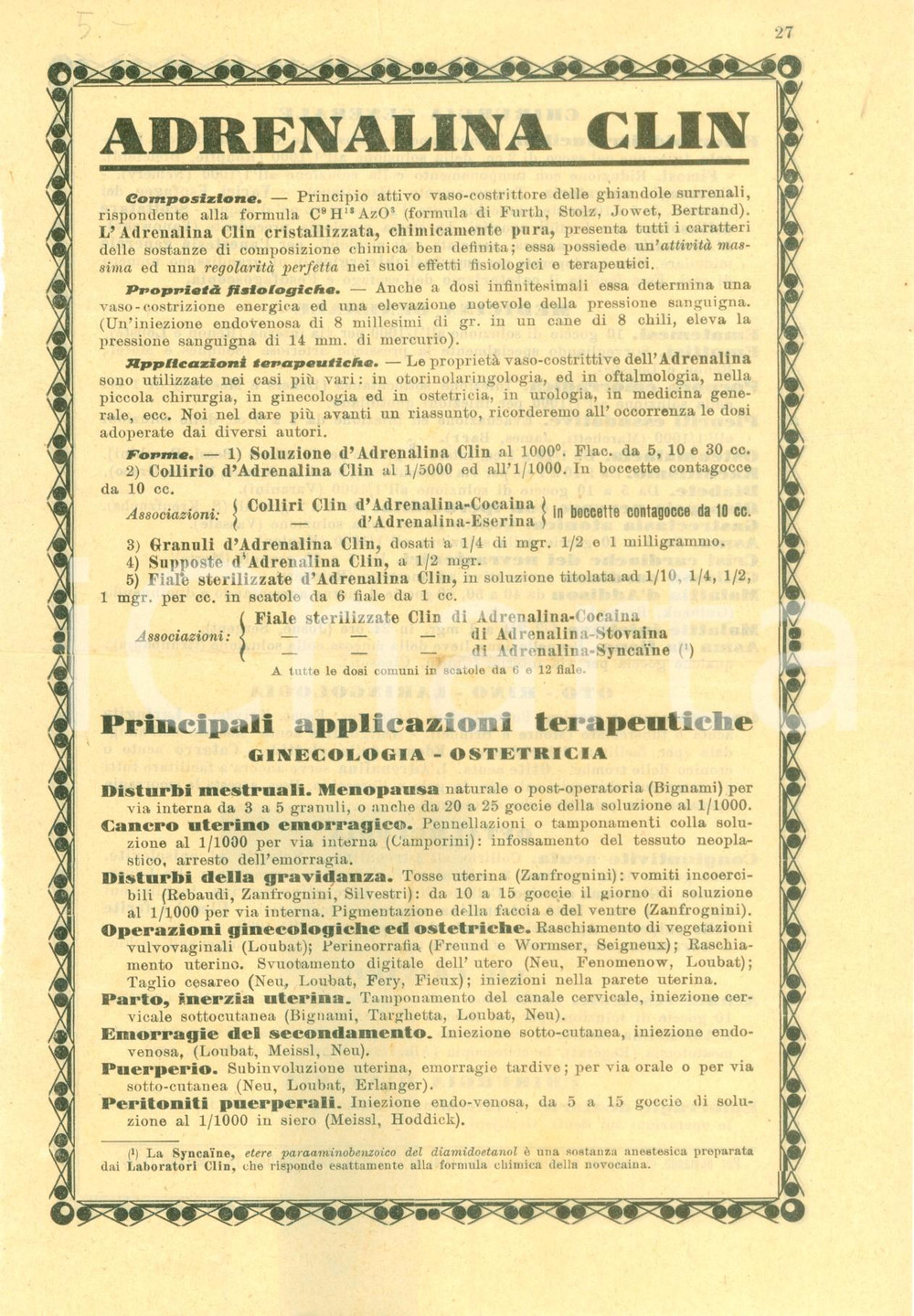 Materiale pubblicitario d’epoca 1920 ca MILANO Laboratori GUIEU Adrenalina CLIN Usi farmaceutici 1