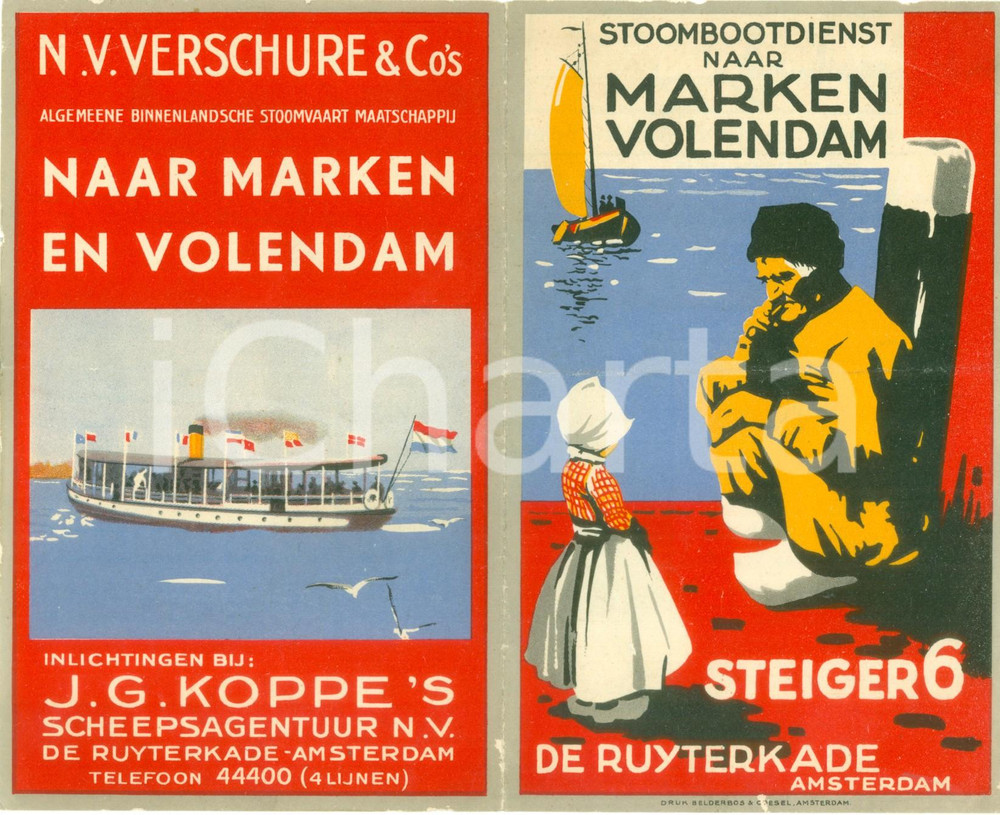 Materiale pubblicitario d’epoca 1950 ca AMSTERDAM Battelli a vapore N.V.VERSCHURE per MARKEN e VOLENDAM 1