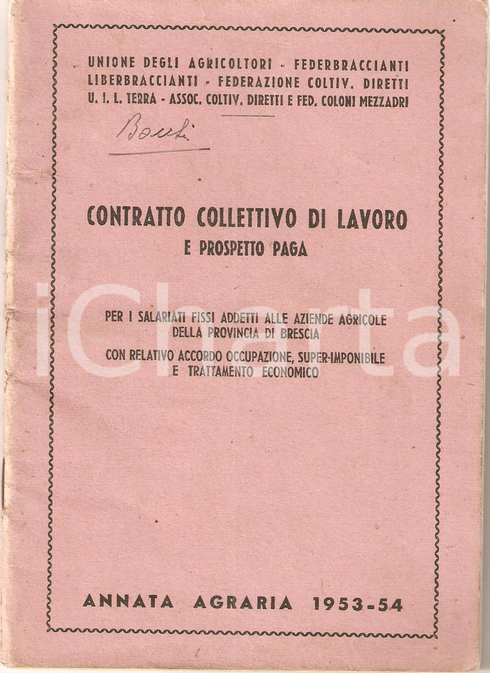 Libro, pubblicazione d epoca 1953  1954 UNIONE AGRICOLTORI  Contratto di lavoro salariati aziende agricole 1