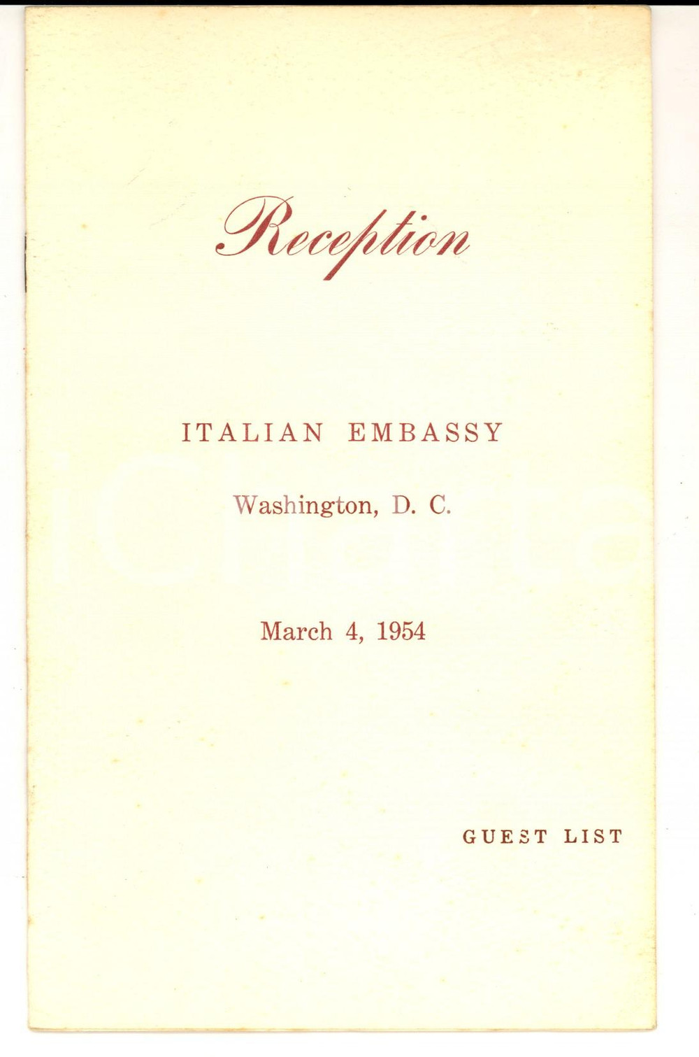 Documento originale, autentico 1952  WASHINGTON D. C. Italian Embassy  Lista invitati a un ricevimento 1