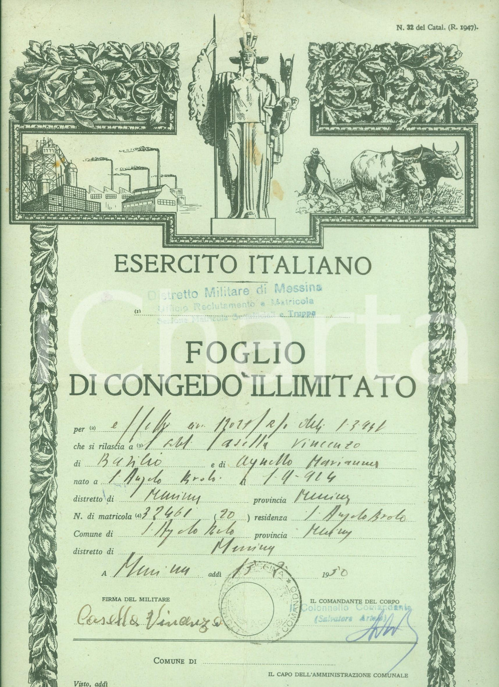 Documento originale, autentico 1950 MESSINA Congedo illimitato soldato Vincenzo CASELLA Documento DANNEGGIATO 1