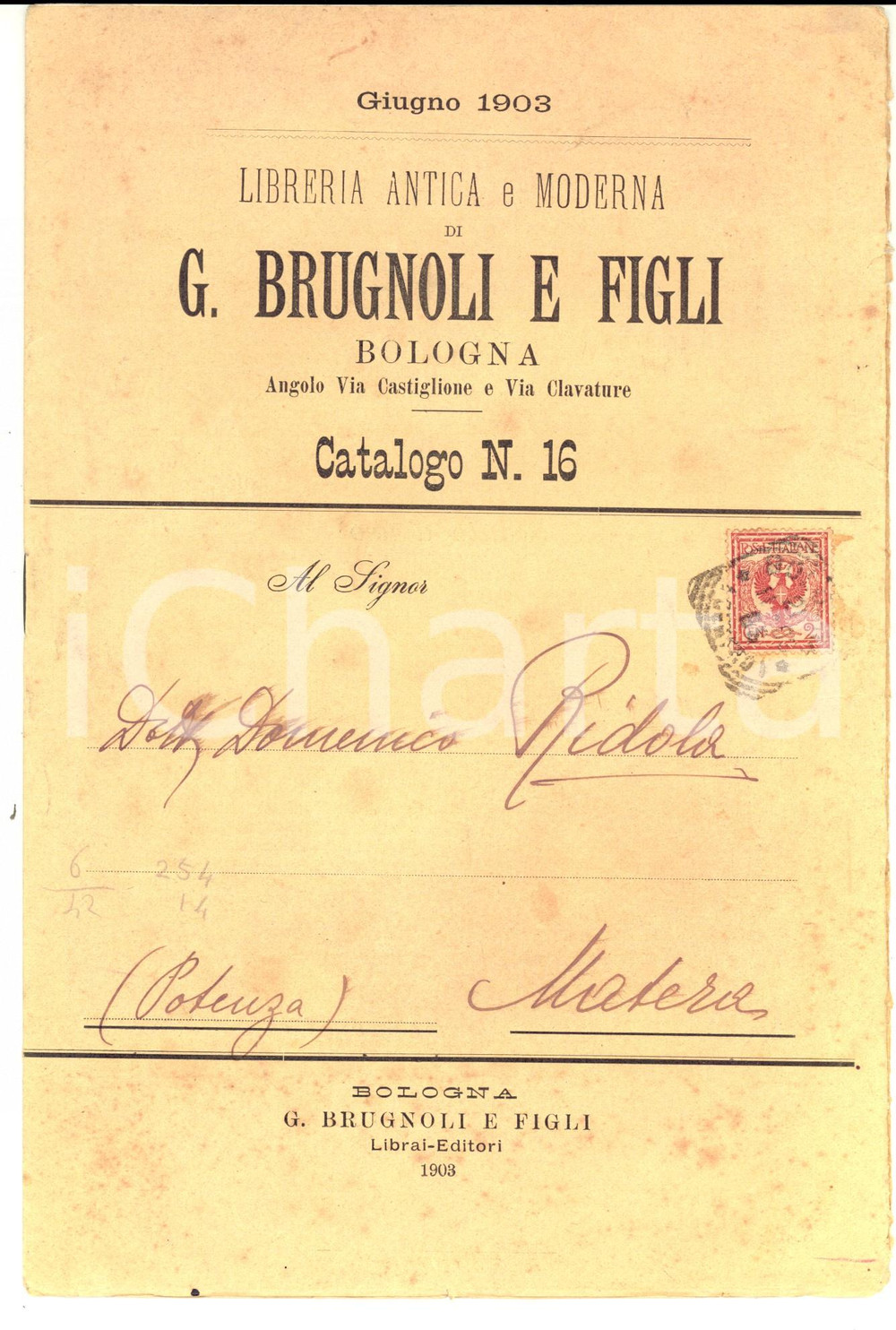 Libro, pubblicazione d epoca 1903 BOLOGNA  Libreria antica e moderna di G. BRUGNOLI & Figli Catalogo n° 16 1