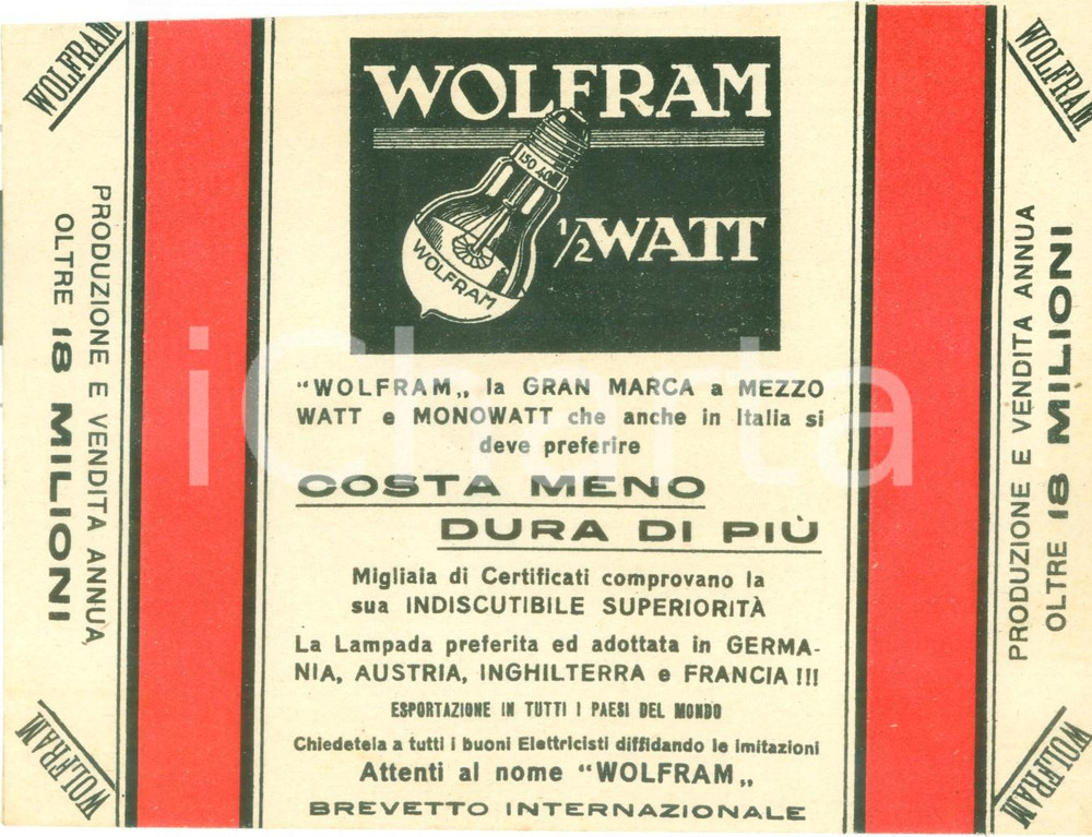 Materiale pubblicitario d’epoca 1935 ca Lampadina WOLFRAM Costa meno dura di più Busta intestata vuota 1