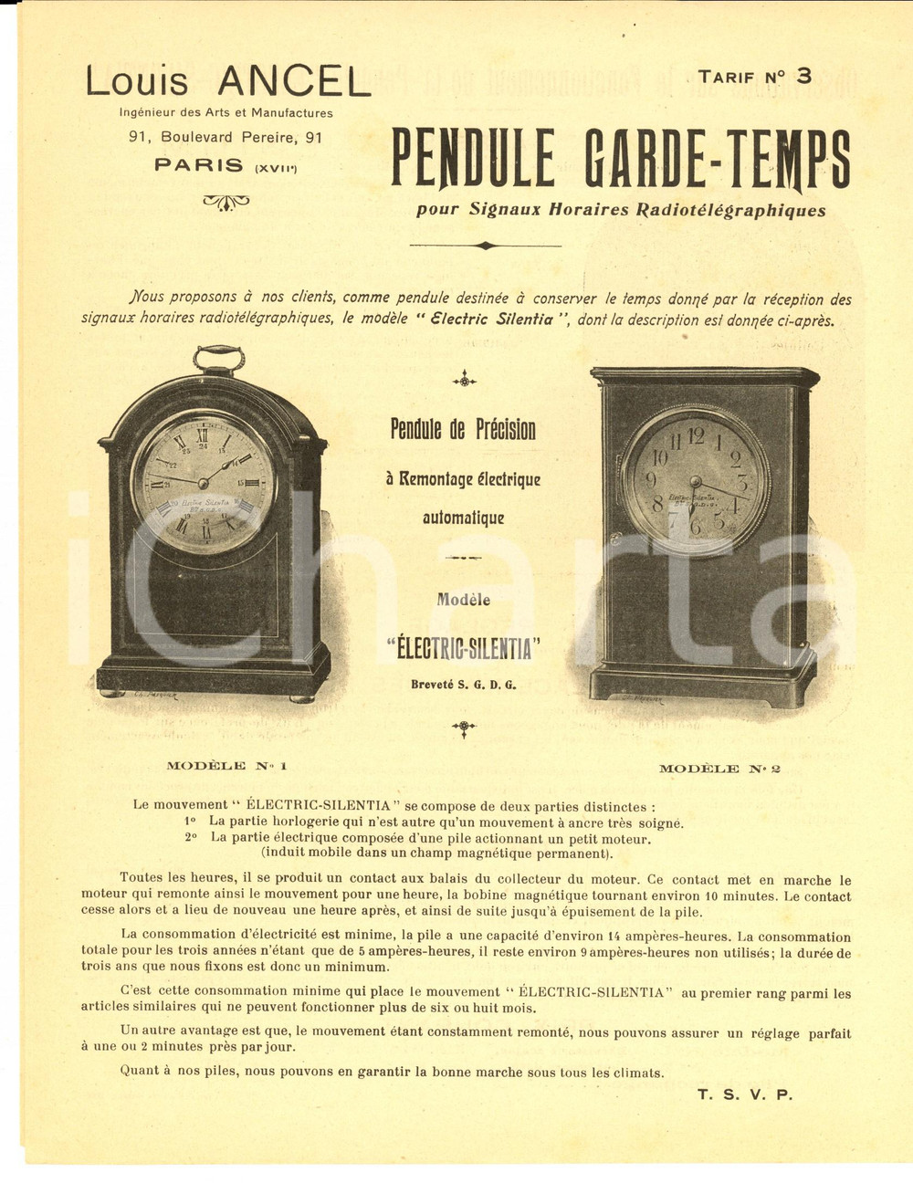 Materiale pubblicitario d’epoca 1913 PARIS Louis ANCEL Electricien  Pendule gardetemps Catalogo ILLUSTRATO 1