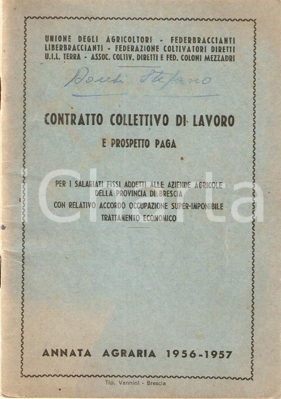 Libro, pubblicazione d epoca 1956  1957 UNIONE AGRICOLTORI Contratto di lavoro salariati aziende agricole 1