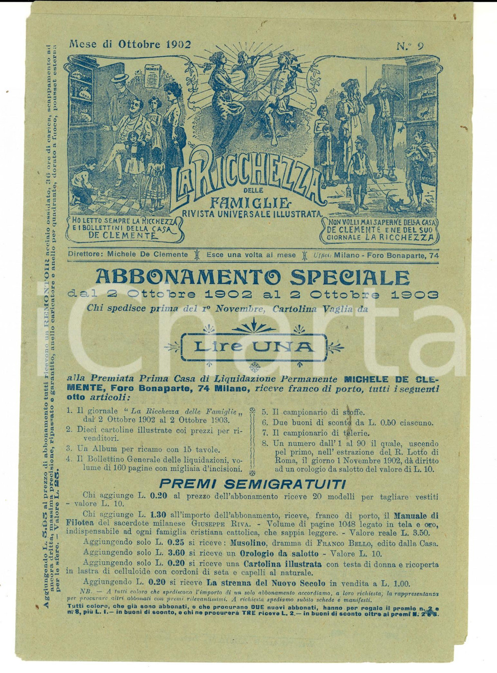 Materiale pubblicitario d’epoca 1902 MILANO Foro Bonaparte 74 Casa di liquidazione Michele DE CLEMENTE Catalogo 1