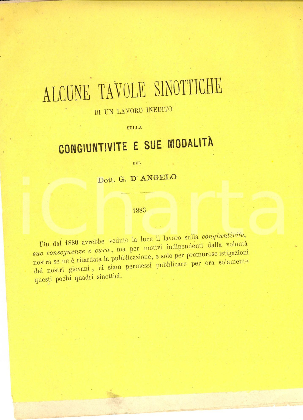 Libro, pubblicazione d epoca 1883 G. D ANGELO Tavole sinottiche di un lavoro inedito sulla congiuntivite 1
