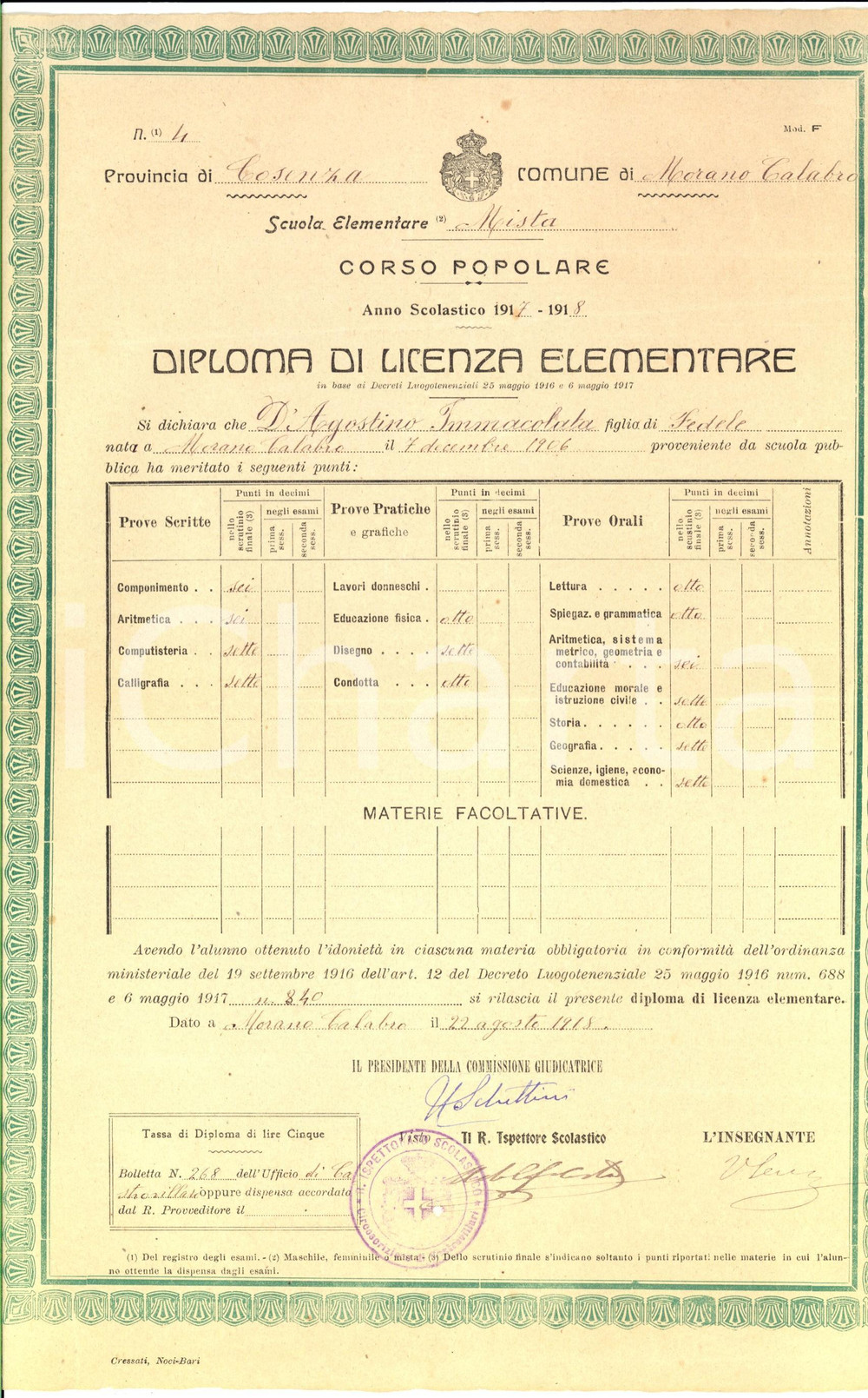 Oggetto da collezione cartaceo 1918 MORANO CALABRO CS Diploma licenza elementare per Immacolata D AGOSTINO 1