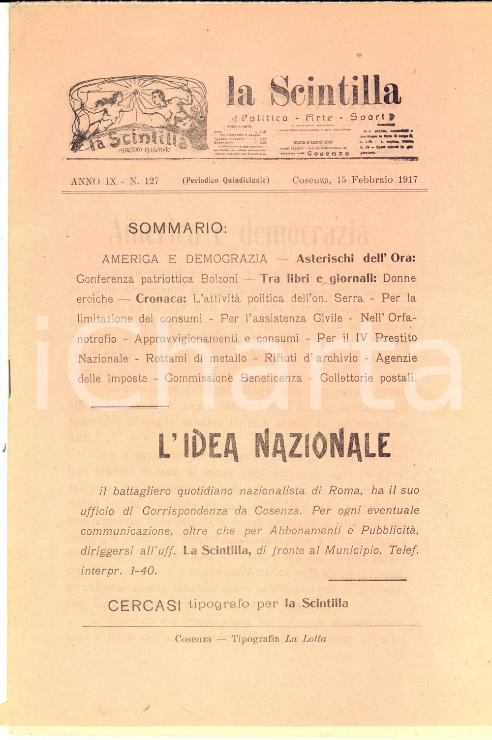 Giornale, rivista storica 1917 COSENZA La scintilla Rivista anno IX nÂ° 127 America e democrazia 1