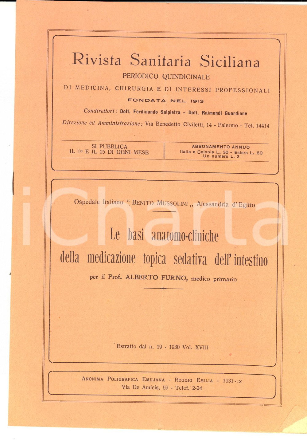 Libro, pubblicazione d epoca 1930 Alberto FURNO Basi della medicazione topica sedativa dell intestino 1