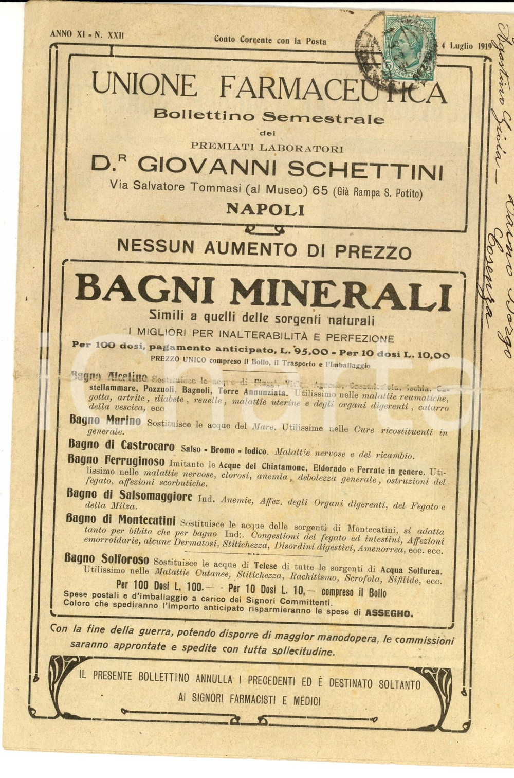Materiale pubblicitario d’epoca 1919 NAPOLI Unione Farmaceutica  Bollettino Laboratori SCHETTINI Bagni minerali 1