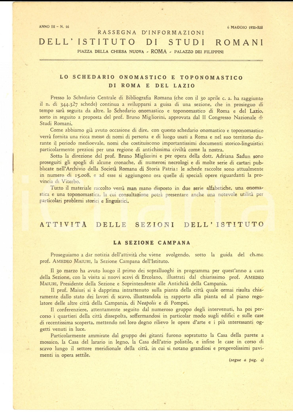 Materiale pubblicitario d’epoca 1935 ROMA Rassegna informazioni ISTITUTO DI STUDI ROMANI Anno III nÂ°16 1