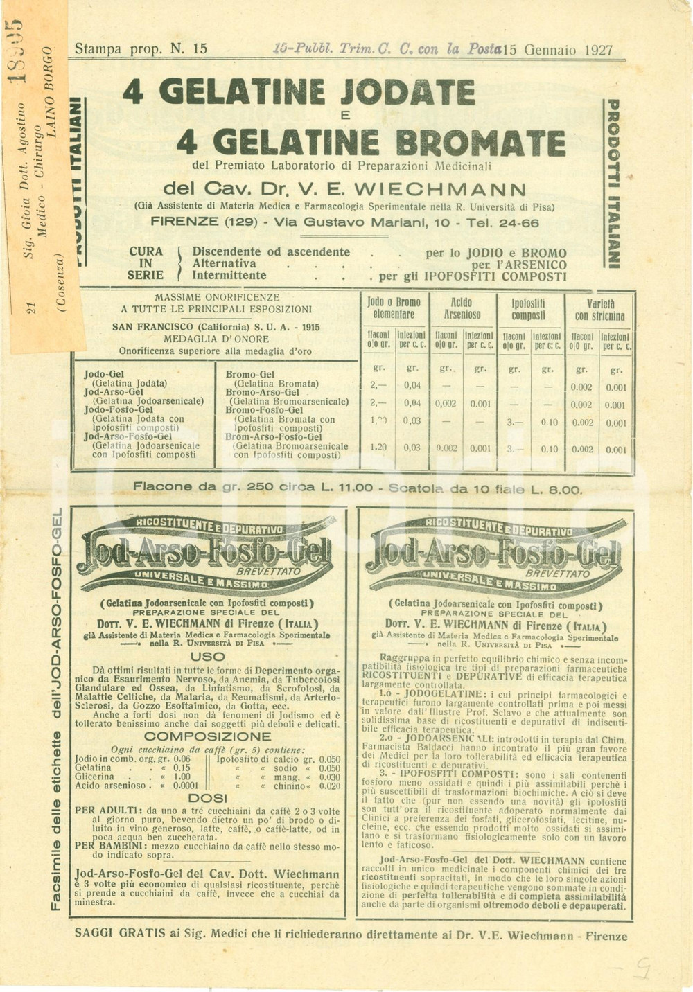 Materiale pubblicitario d’epoca 1927 FIRENZE Gelatine jodate e bromate Dr. WIECHMANN Opuscolo ILLUSTRATO 1