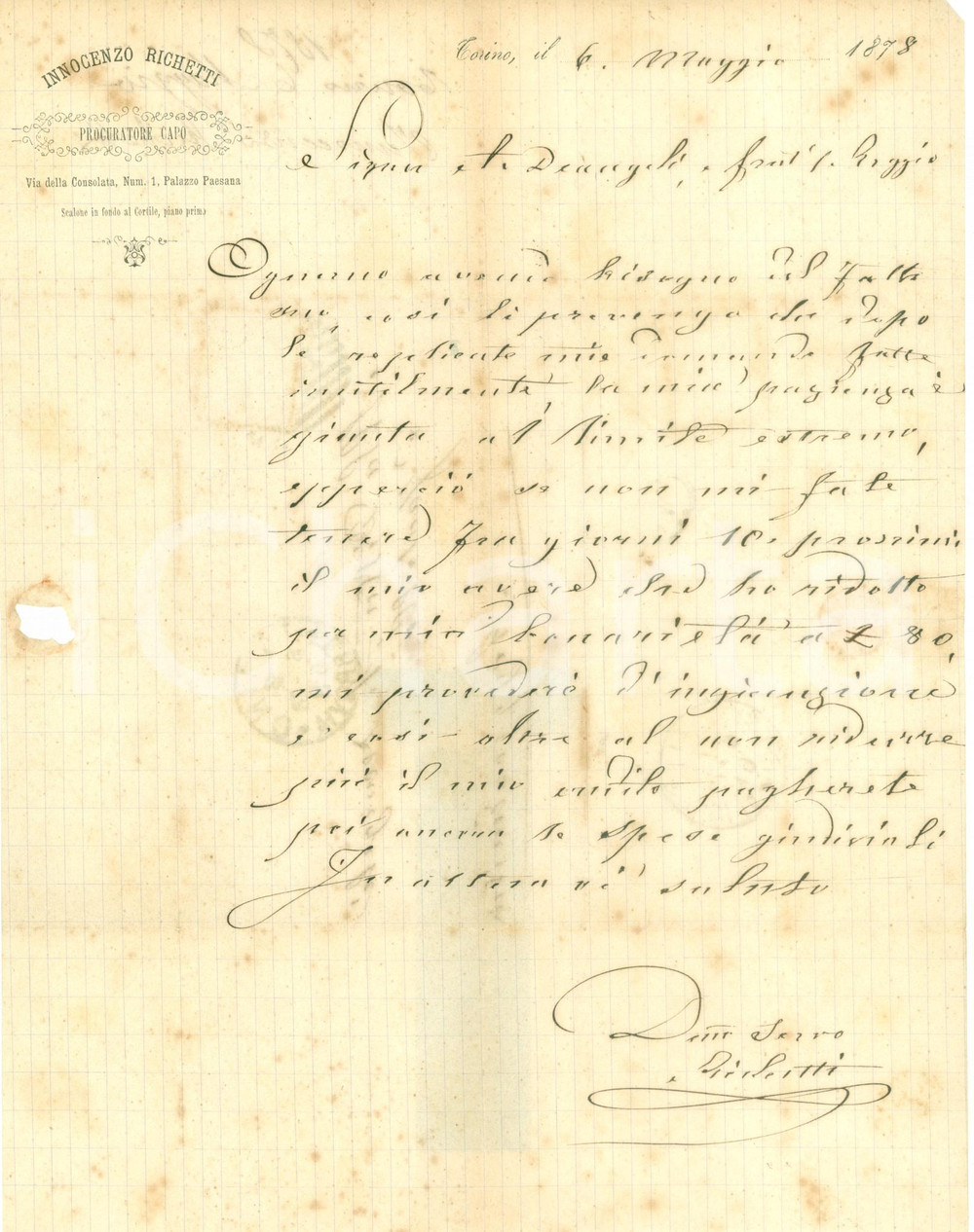 Documento originale, autentico 1878 TORINO Procuratore Innocenzo RICHETTI La mia pazienza Ã¨ giunta al limite 1