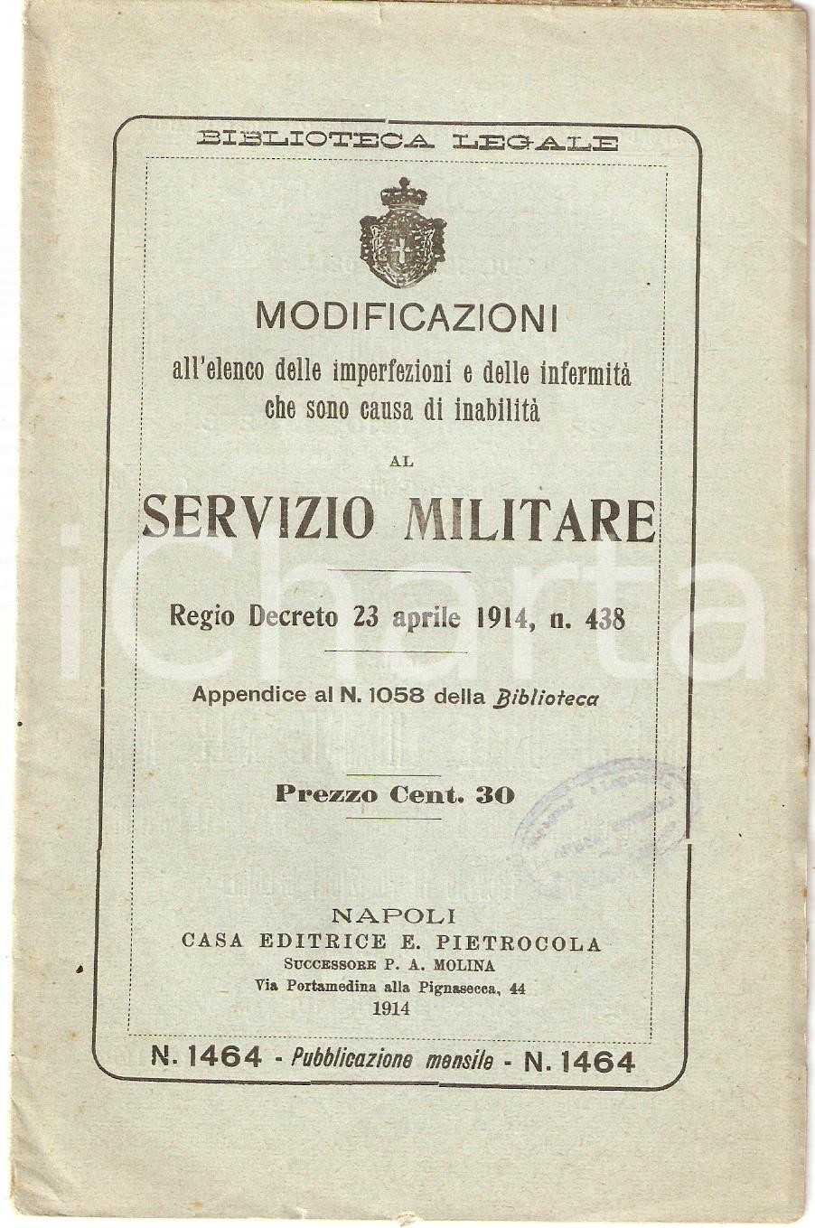 Libro, pubblicazione d epoca 1914 BIBLIOTECA LEGALE Elenco cause di inabilitÃ  al servizio militare PIETROCOLA 1