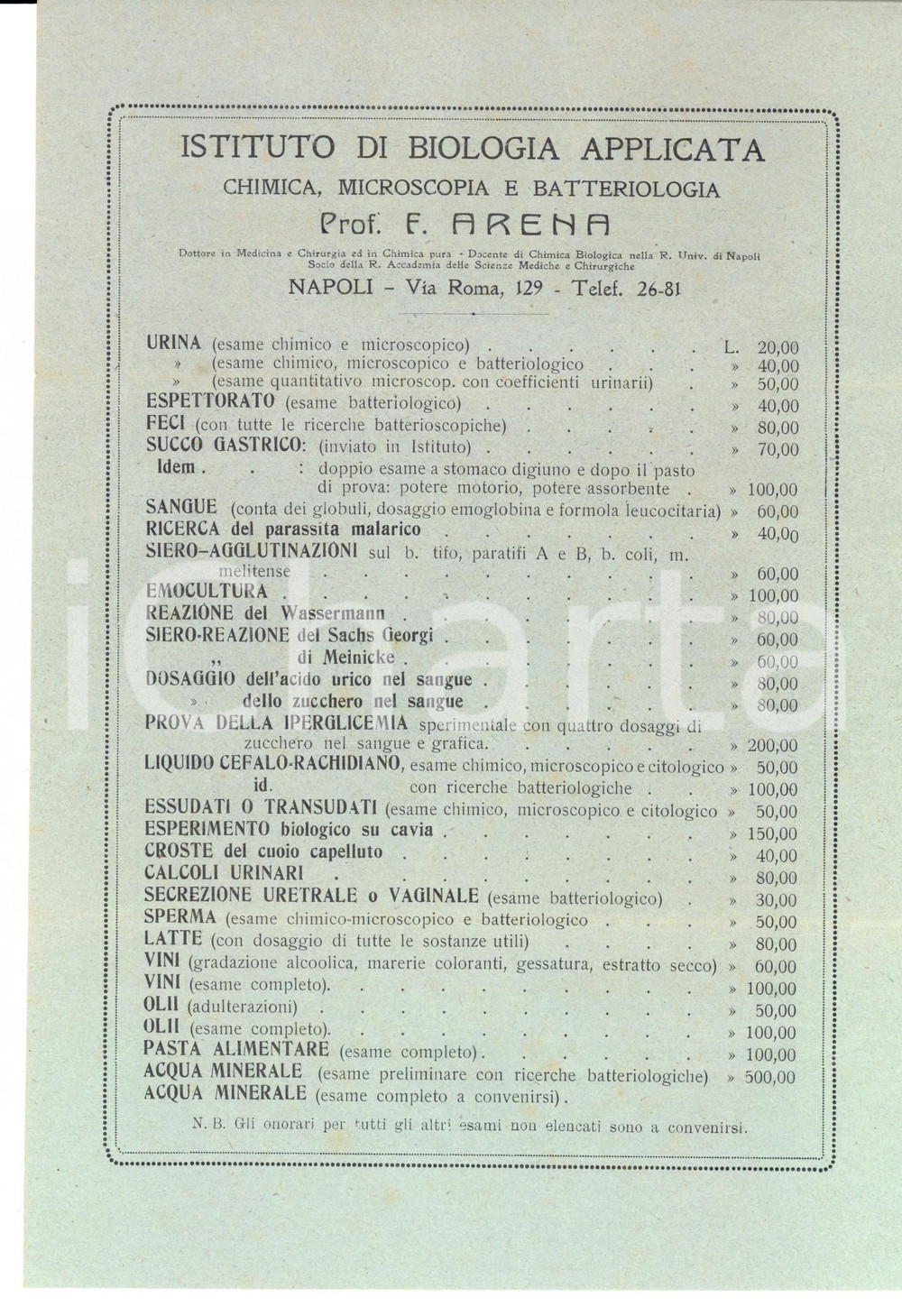 Materiale pubblicitario d’epoca 1910 ca NAPOLI Istituto prof. F. ARENA Listino esami e specialitÃ  farmaceutiche 1