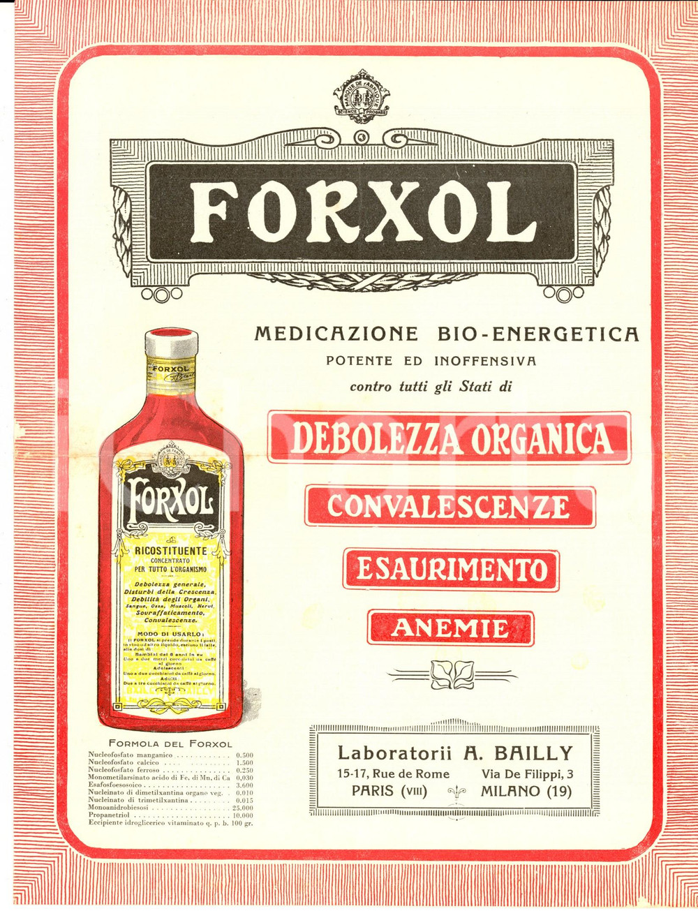Materiale pubblicitario d’epoca 1926 MILANO Laboratori BAILLY  Ricostituente FORXOL Pubblicitario ILLUSTRATO 1