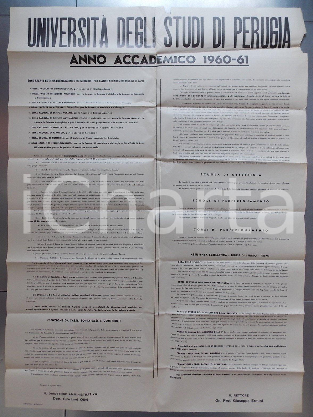 Documento originale, autentico 1960 PERUGIA Bando per nuovo anno accademico UniversitÃ  degli Studi MANIFESTO 1