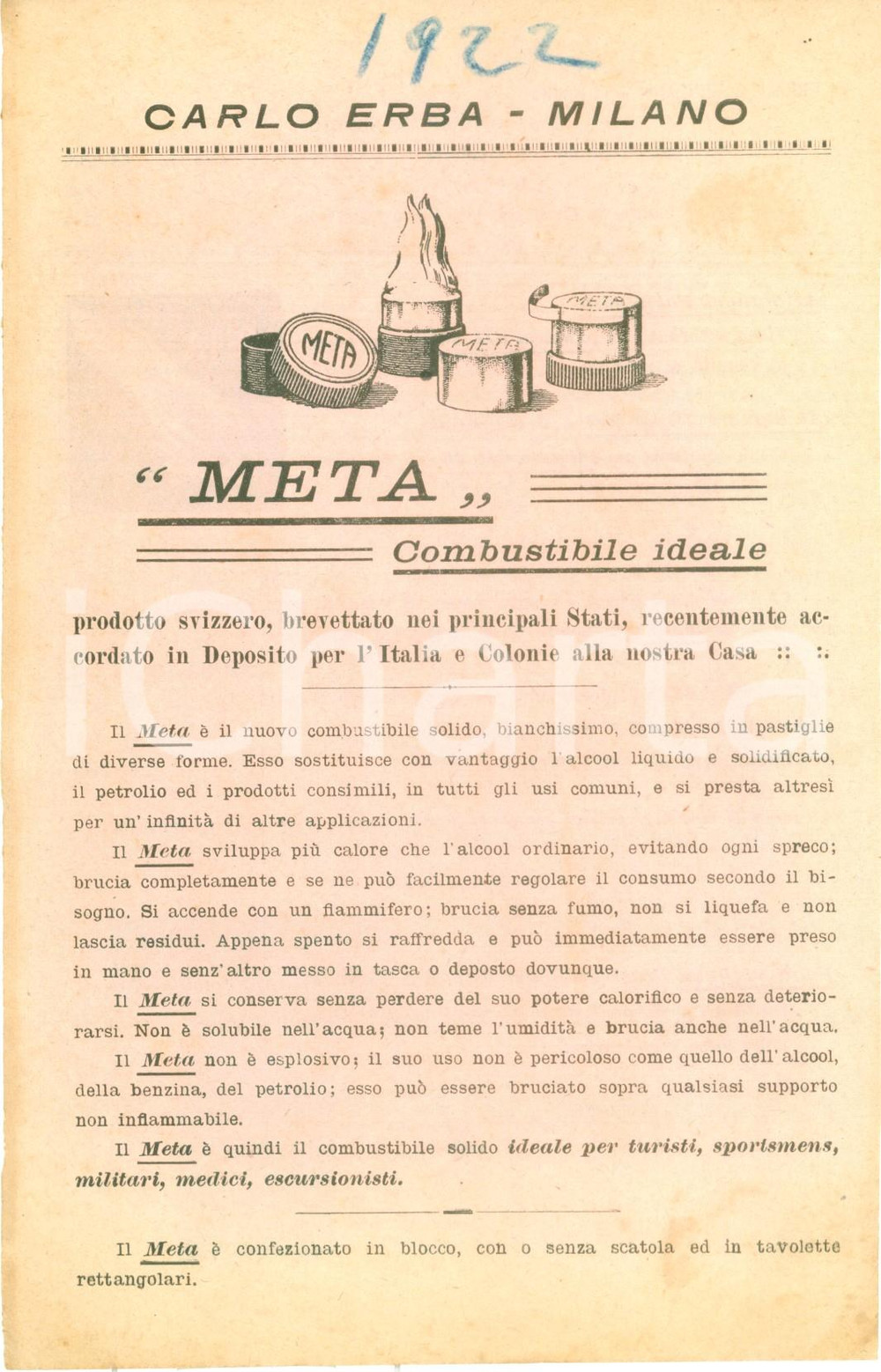 Materiale pubblicitario d’epoca 1922 MILANO Azienda CARLO ERBA Combustibile ideale META Volantino 1