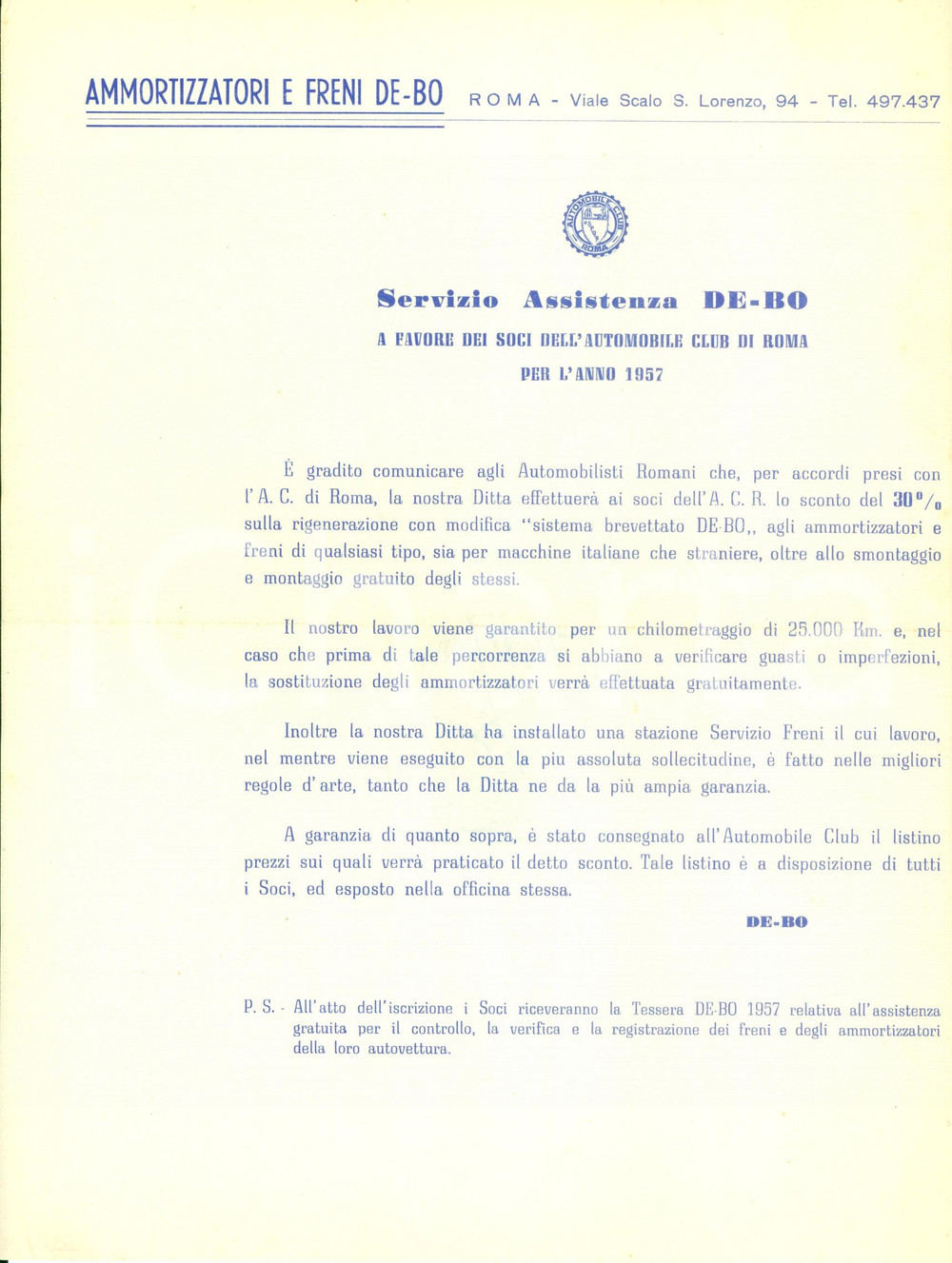 Materiale pubblicitario d’epoca 1957 ROMA Ammortizzatori e freni DEBO fa sconti ai soci dell AUTOMOBILE CLUB 1