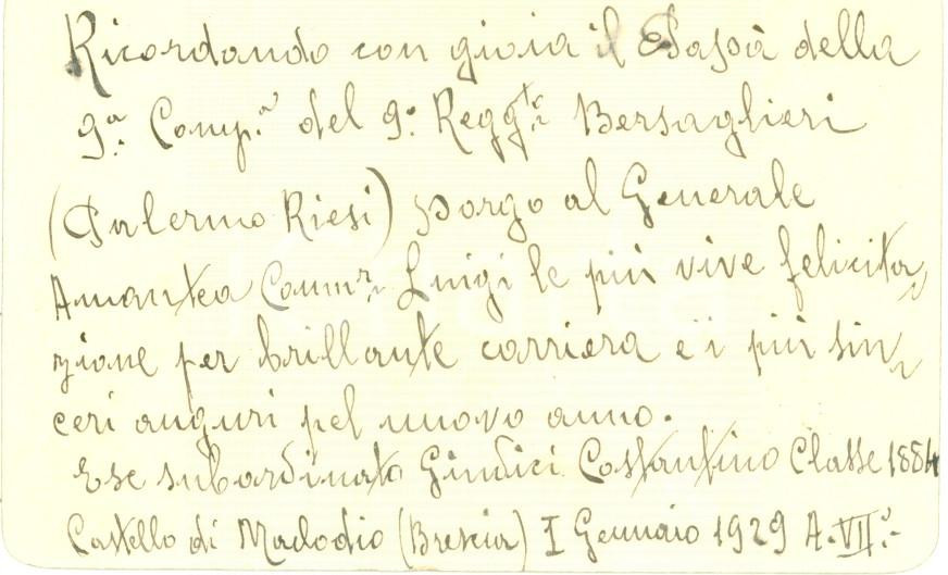 Documento originale, autentico 1929 MACLODIO BS Costantino GIUDICI si congratula con Gen. Luigi AMANTEA 1