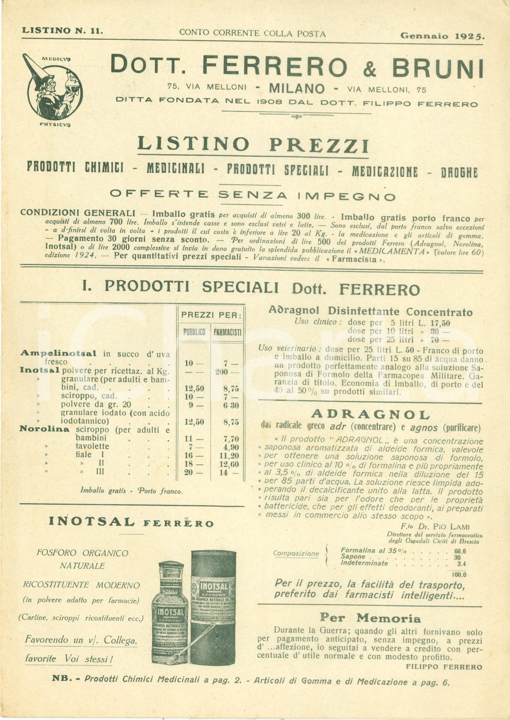 Materiale pubblicitario d’epoca 1925 MILANO Dott. FERRERO & BRUNI Listino prezzi prodotti chimici medicinali 1