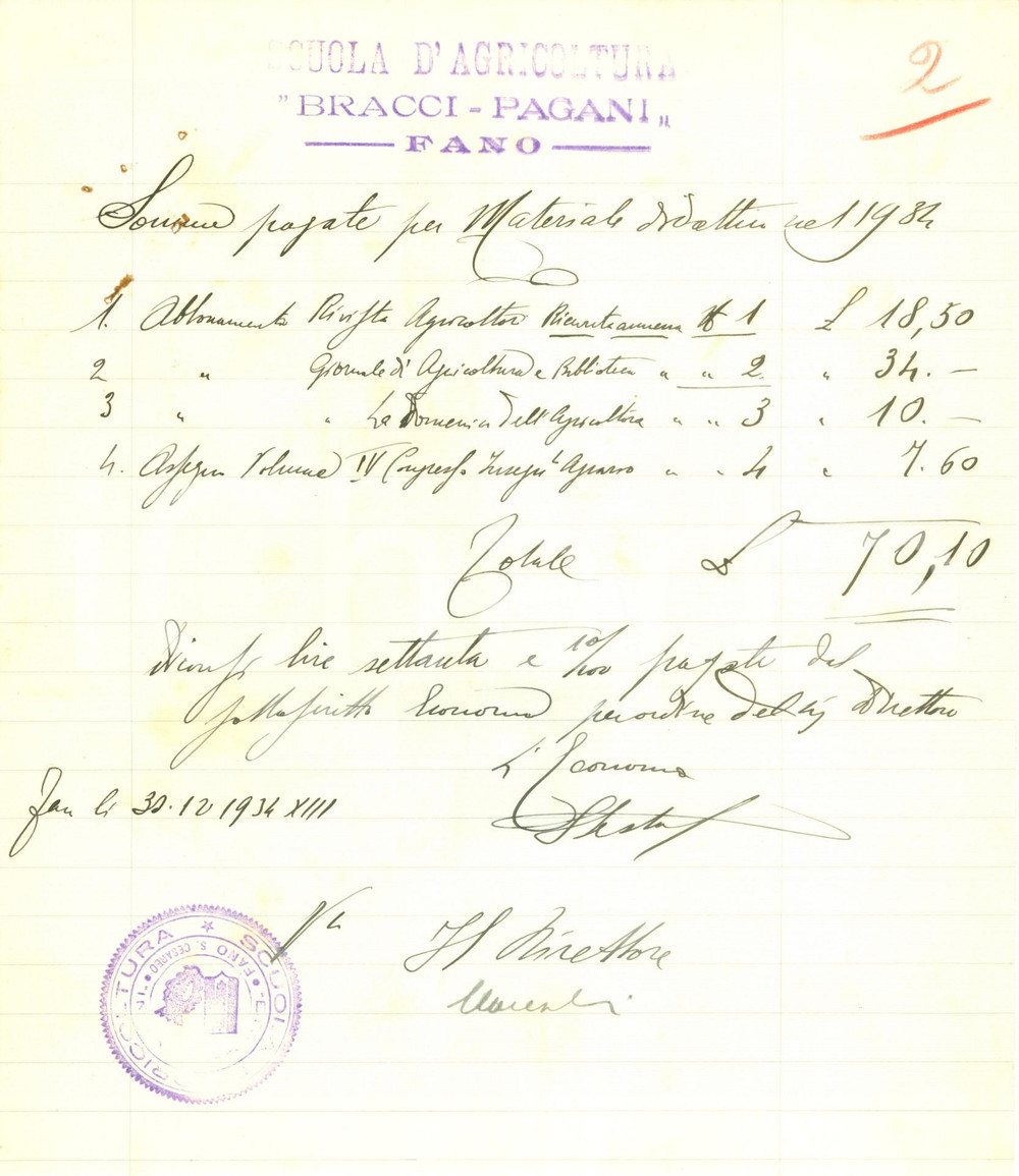 Documento originale, autentico 1934 FANO Scuola Agricoltura BRACCI PAGANI paga abbonamenti a riviste didattiche 1