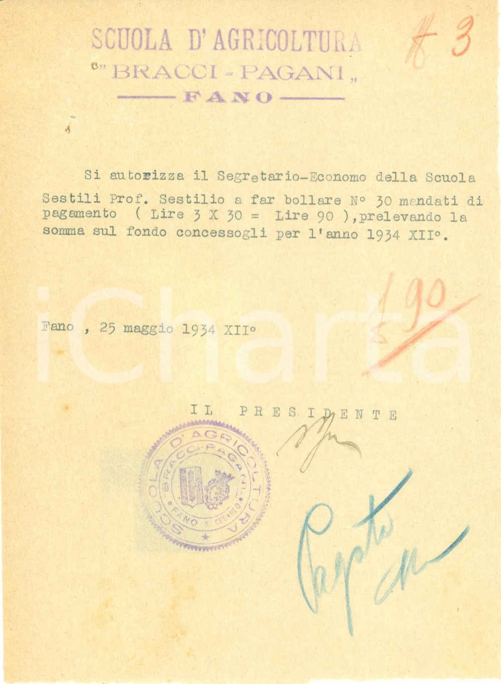 Documento originale, autentico 1934 FANO Scuola Agricoltura BRACCI PAGANI Sestilio SESTILI fa bollare mandati 1