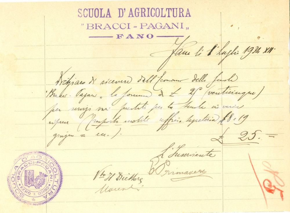 Documento originale, autentico 1934 FANO PU Scuola d Agricoltura BRACCI PAGANI paga inserviente per trasloco 1