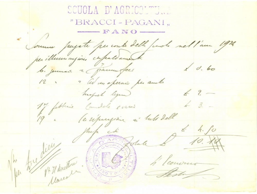 Documento originale, autentico 1934 FANO PU Scuola d Agricoltura BRACCI PAGANI acquista fiammiferi e candele 1