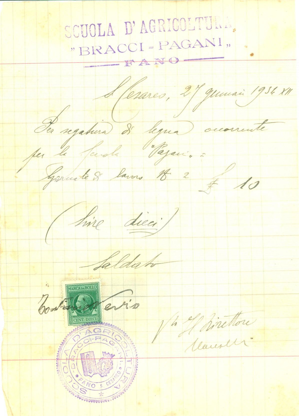 Documento originale, autentico 1934 FANO PU Scuola d Agricoltura BRACCI PAGANI acquista segatura di legna 1