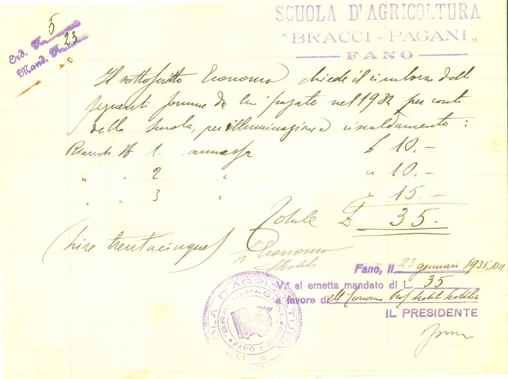 Documento originale, autentico 1935 FANO PU Scuola d Agricoltura BRACCI PAGANI Illuminazione e riscaldamento 1