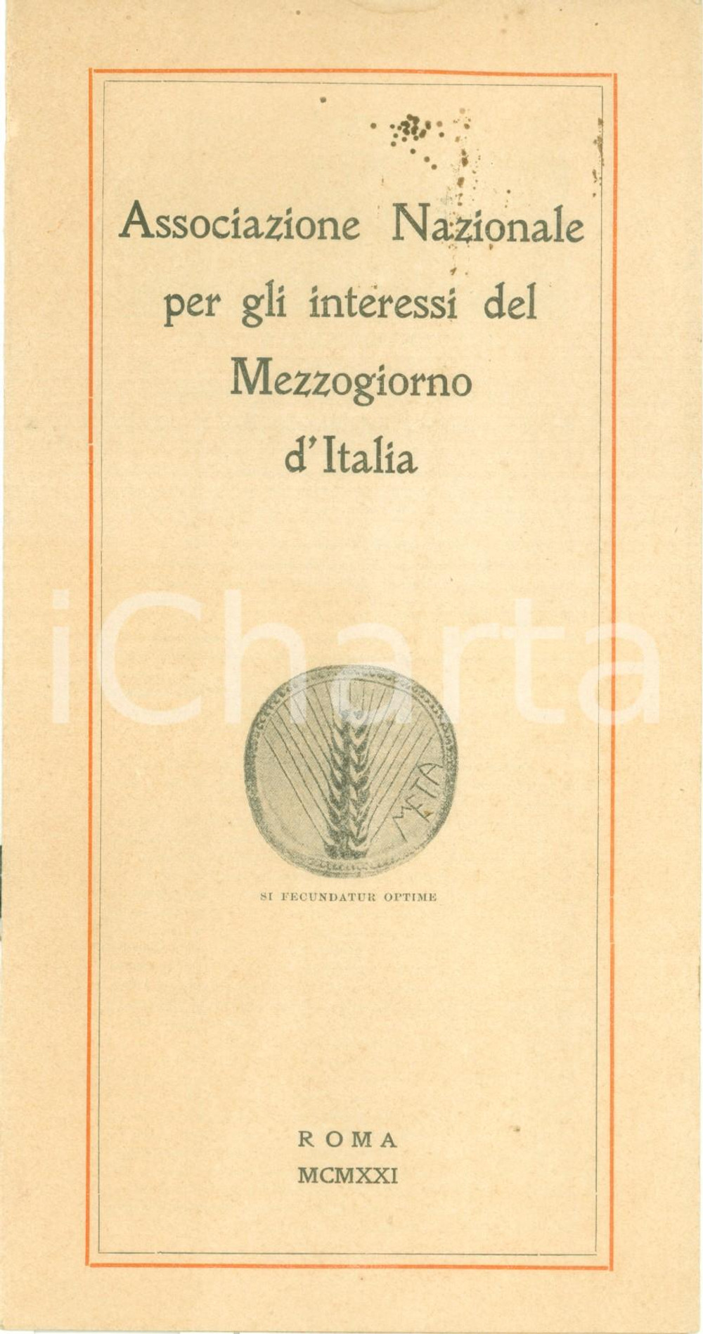 Documento originale, autentico 1921 ROMA Associazione Nazionale per Interessi MEZZOGIORNO D ITALIA Opuscolo 1