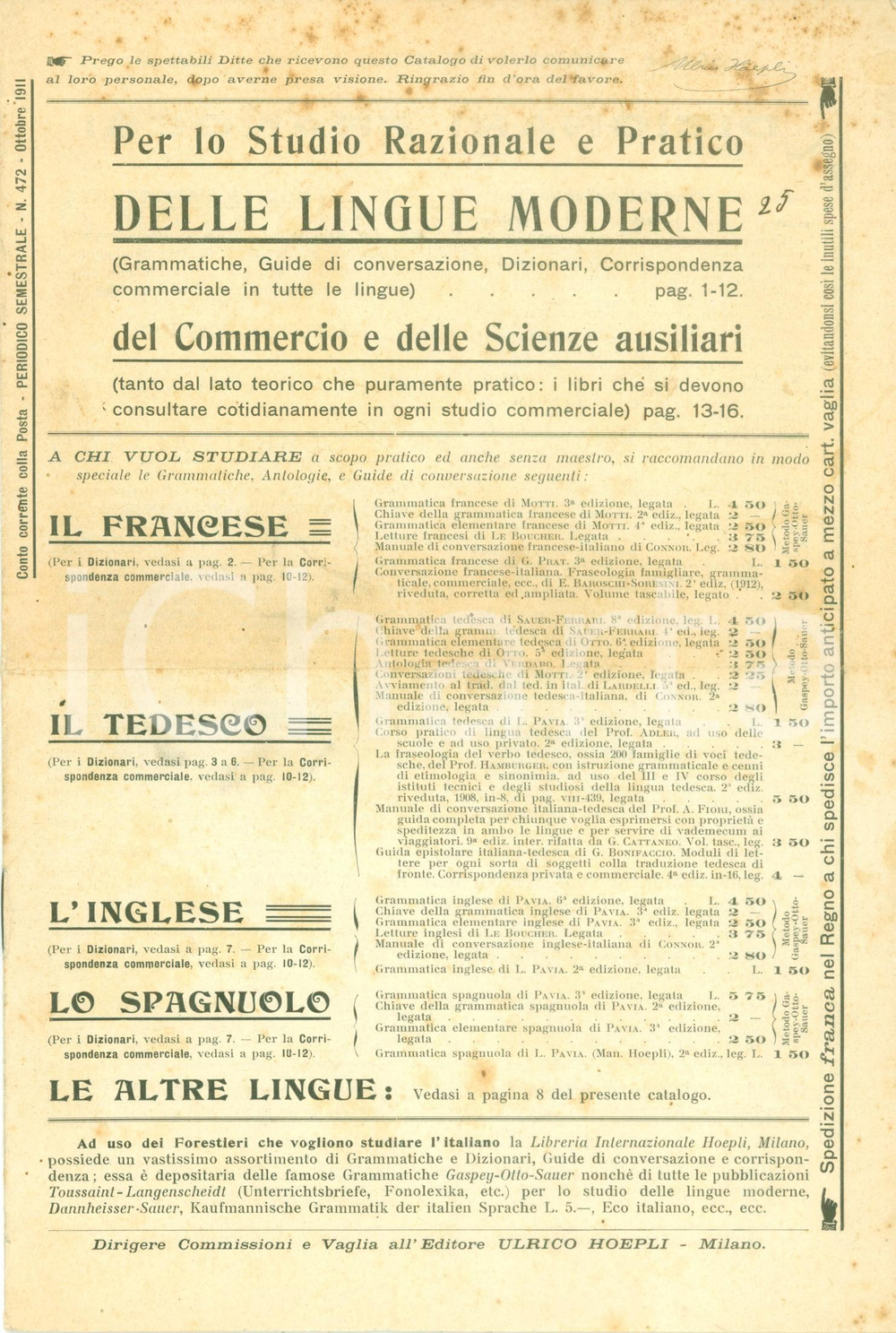 Libro, pubblicazione d epoca 1911 MILANO Bollettino Ulrico HOEPLI Studio Razionale delle Lingue Moderne 1