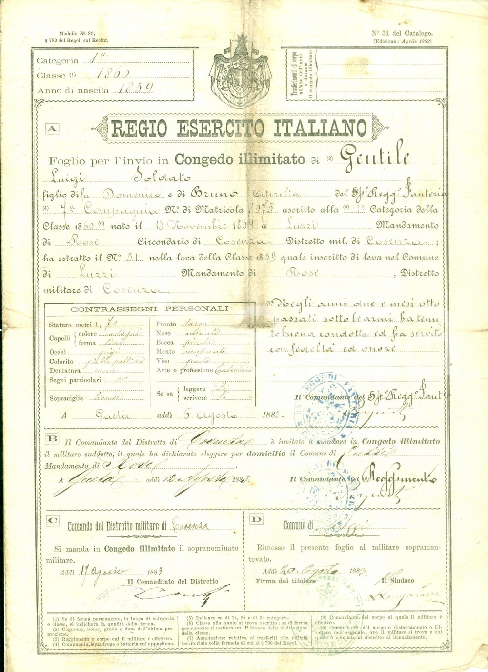 Documento originale, autentico 1883 LUZZI CS Congedo illimitato Luigi GENTILE 54Â° Reggimento Fanteria 1