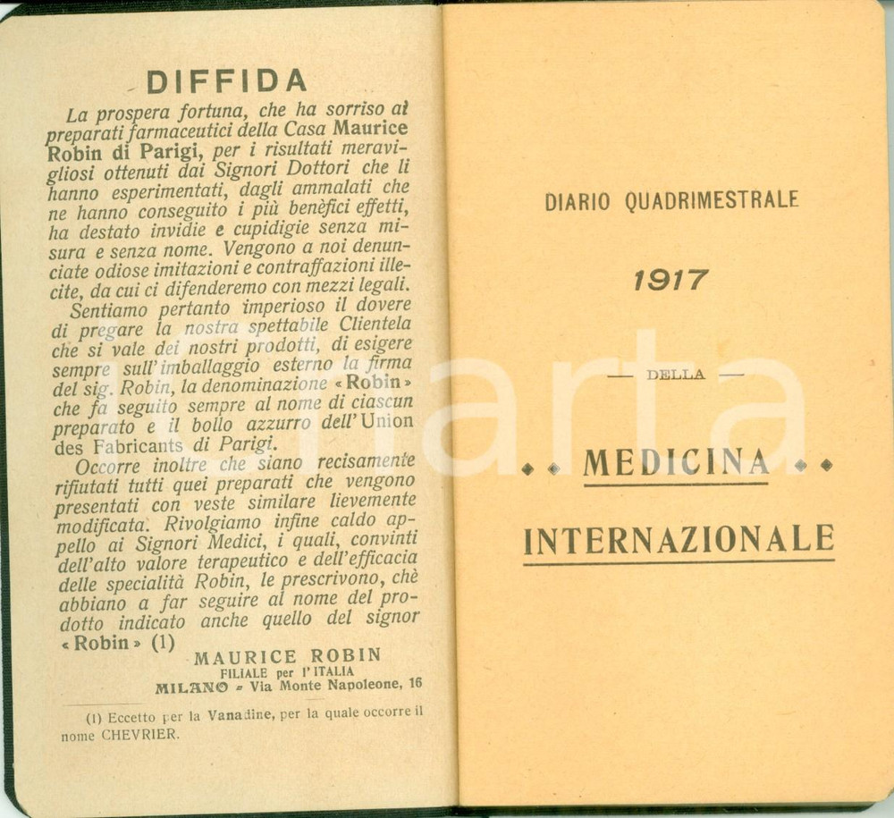 Oggetto da collezione cartaceo 1917 MILANO Casa Farmaceutica Maurice ROBIN Diario quadrimestrale medicina 1