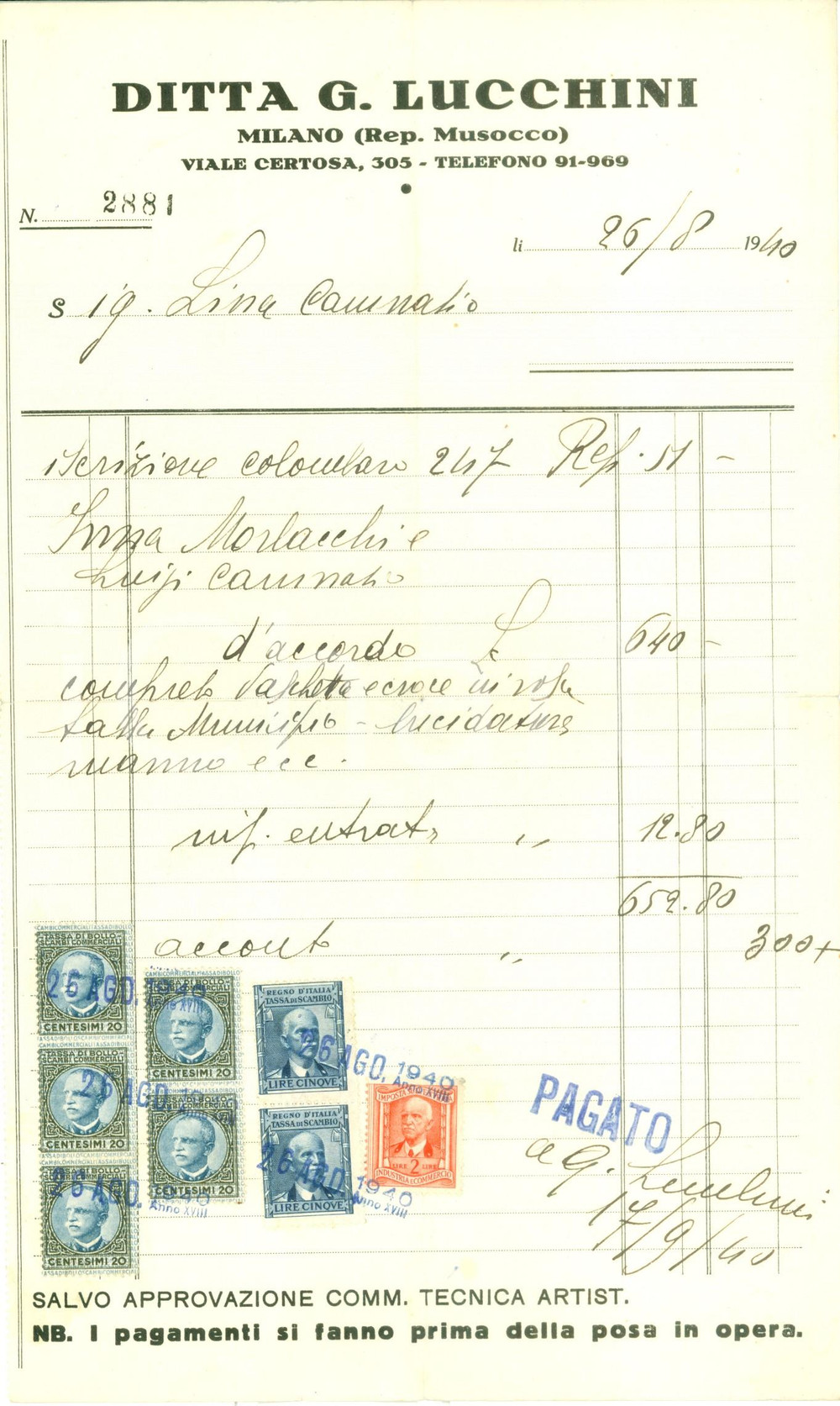 Documento originale, autentico 1940 MILANO MUSOCCO Ditta LUCCHINI Fattura per fornitura colombari 1