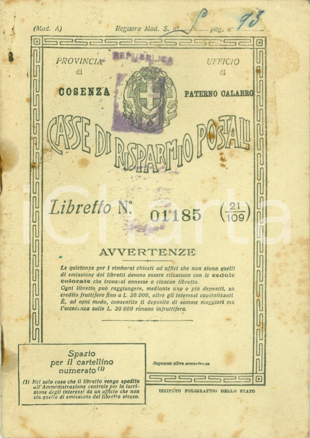 Documento originale, autentico 1944 PATERNO CALABRO CS Casse di Risparmio Postali Salvatore CASCIARO Libretto 1