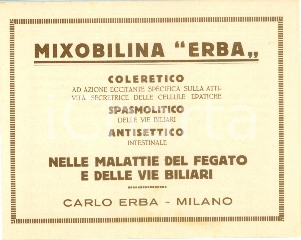 Documento originale, autentico 1930 ca MILANO Mixobilina CARLO ERBA malattie del fegato Opuscolo pubblicitario 1