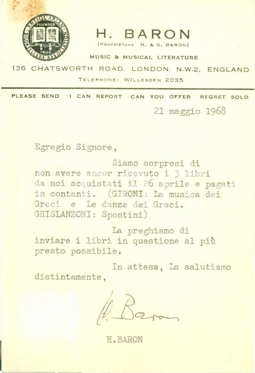 Manoscritto, lettera originale 1968 LONDON Herman BARON sollecita libri da Libreria MORETTI Cartolina AUTOGRAFA 1