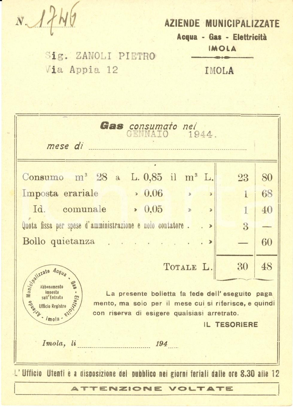 Documento originale, autentico 1944 IMOLA BO Aziende municipalizzate acqua gas elettricitÃ  Bolletta gennaio 1