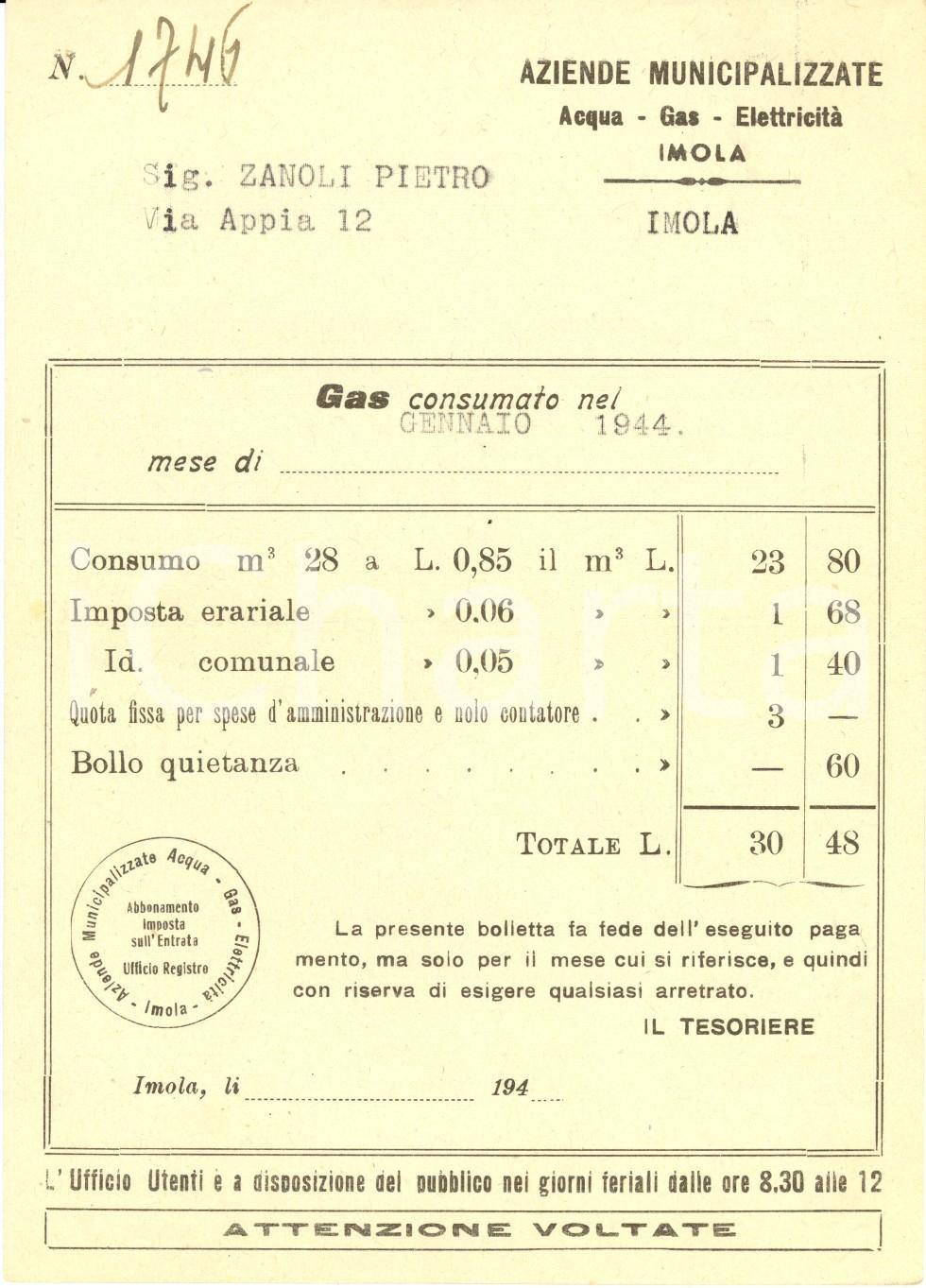 Documento originale, autentico 1944 IMOLA BO Aziende municipalizzate acqua gas elettricitÃ  Bolletta gennaio 1