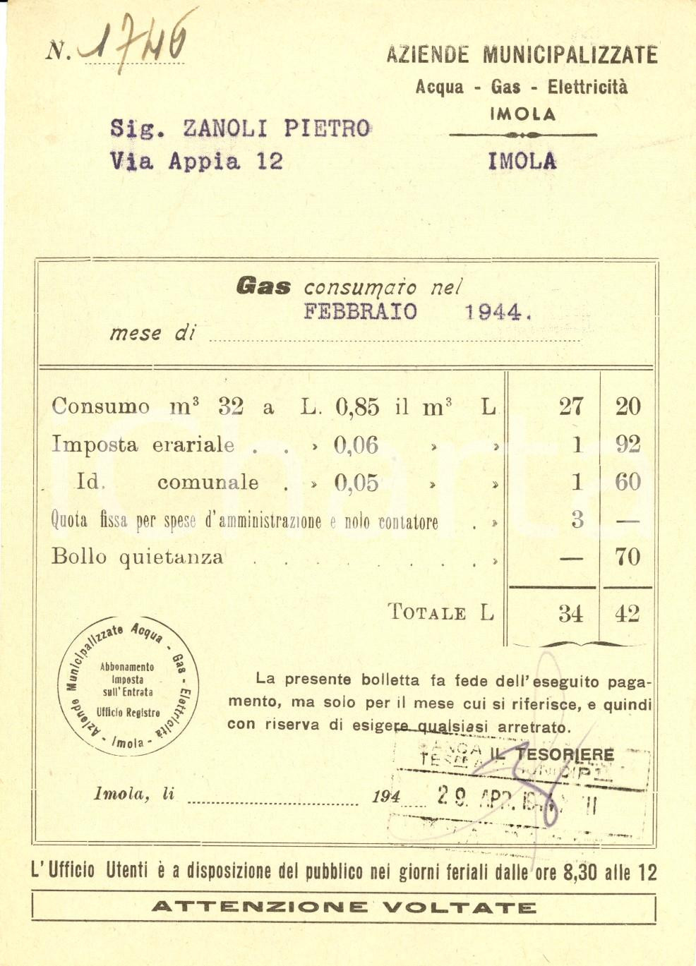 Documento originale, autentico 1944 IMOLA BO Aziende municipalizzate acqua gas elettricitÃ  Bolletta febbraio 1