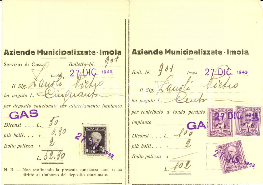 Documento originale, autentico 1943 IMOLA BO Aziende municipalizzate Ricevuta per allacciamento impianto gas 1